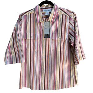 Yves St Clair Womens Pink Striped Short Sleeve Roll Tab Button-Up Stretch Shirt
